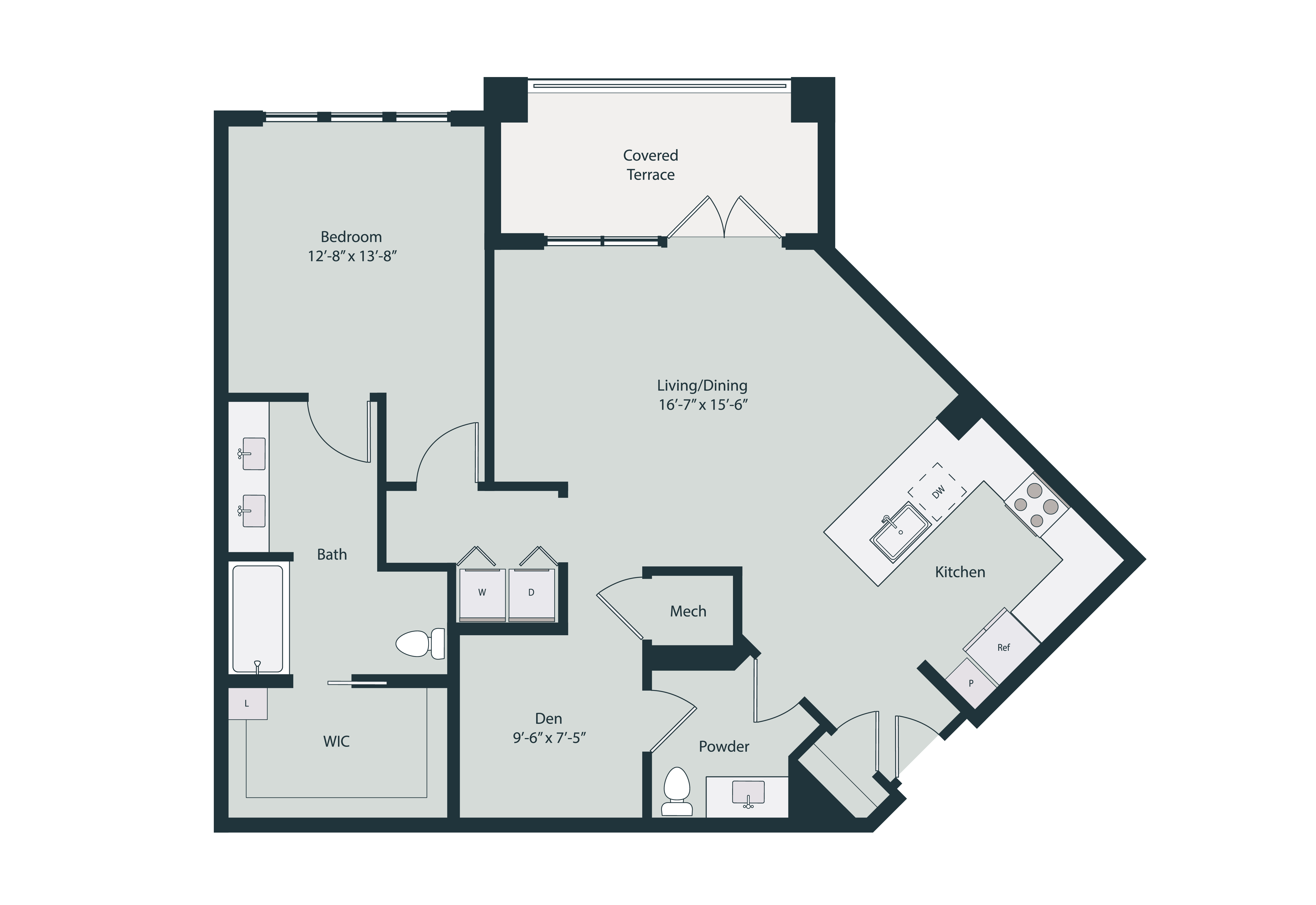 Floor plan for 1 bed, 1.5 baths, 1170 sqft